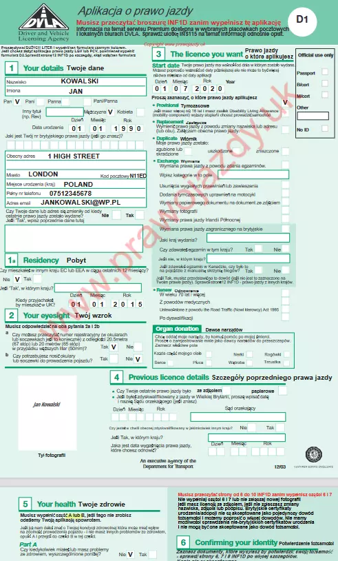 Jak wypełnić formularz formę wniosek D1 wymiana polskiego prawa jazdy na brytyjskie
